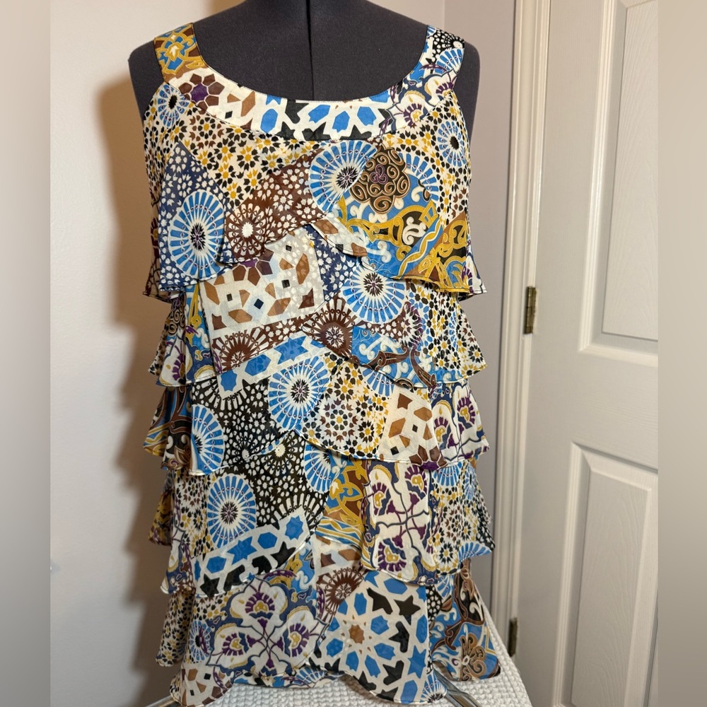SIGNATURE by ROBBIE BEE Boho Tiered Ruffle Mosaic Pattern Chiffon Dress, Sz 14P